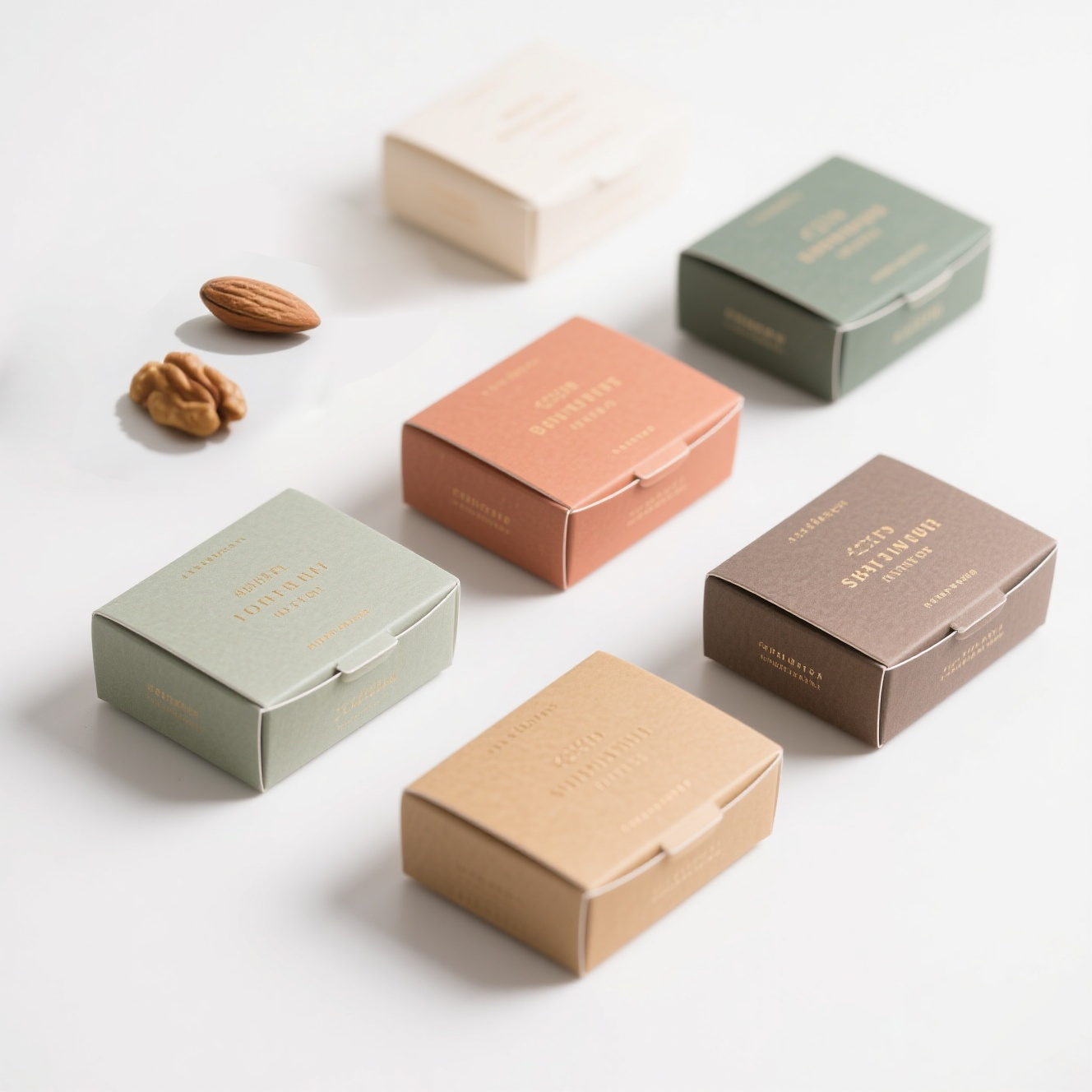 A selection of paper packaging boxes in warm, neutral tones